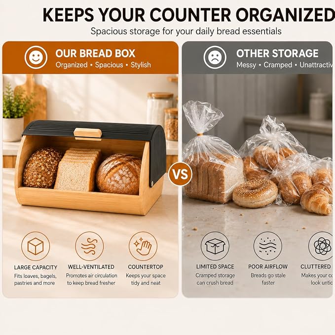 Bread Box for Kitchen Countertop, Large Bread Storage Container with Bamboo Base and Black Roll Top Lid, Modern Bread Holder for Loaves, Bagels, Pastries and More - Image 7