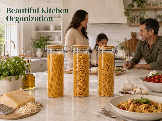 KKC HOME ACCENTS Sealed Glass Spaghetti Storage Containers,Pasta Jars with Airtight Lids,Tall Spaghetti Noodle Holder Containers, Pasta Canisters,Glass Storage Jars with Hinged Lids,68 Floz - Image 6