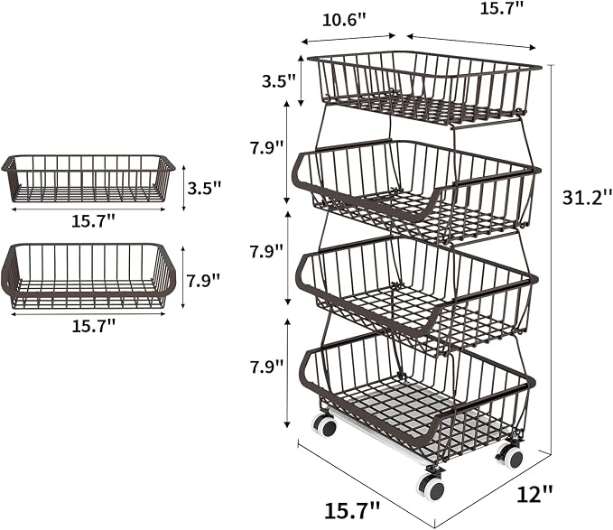 Fruit Vegetable Storage Basket for Kitchen - 4 Tier Stackable Metal Wire Baskets Cart with Rolling Wheels Utility Fruits Rack Produce Snack Organizer Bins for Pantry Bathroom Laundry Bronze - Image 6