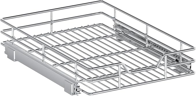 Pull Out Cabinet Organizer, 13.5" W x 18" D, Heavy Duty Chrome Slide Out Shelf for Base Cabinets, Sliding Wire Basket Drawer for Pantry Items, Bowls, Containers & Cleaning Supplies - Image 9