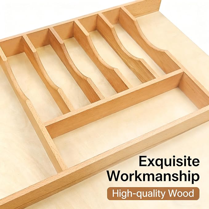 Silverware Drawer Organizer - Trim-to-Fit with Adjustable Dividers for Kitchen Utensil Storage, Beech Wood Frame with 11 Sizes (20.63" W x 22" D) - Image 7