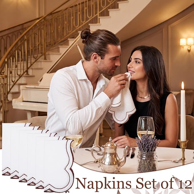 Hahafelt Cloth Napkins 18x18inches Scalloped Embroidery Cloth Napkins Washable Polyester Table Dinner for Hotel Restaurant Weddings Events Parties(Rust Red,12 Set) - Image 7