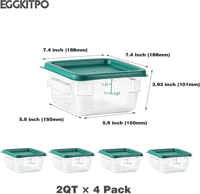 4 Pcs 2 QT Square Food Storage Containers with Green Lids Kitchen Container Set with Handle, Clear Scarle for Grain Bean Stackable Dishwasher Freezer Safe BPA-Free Polycarbonate Home Party - Image 5
