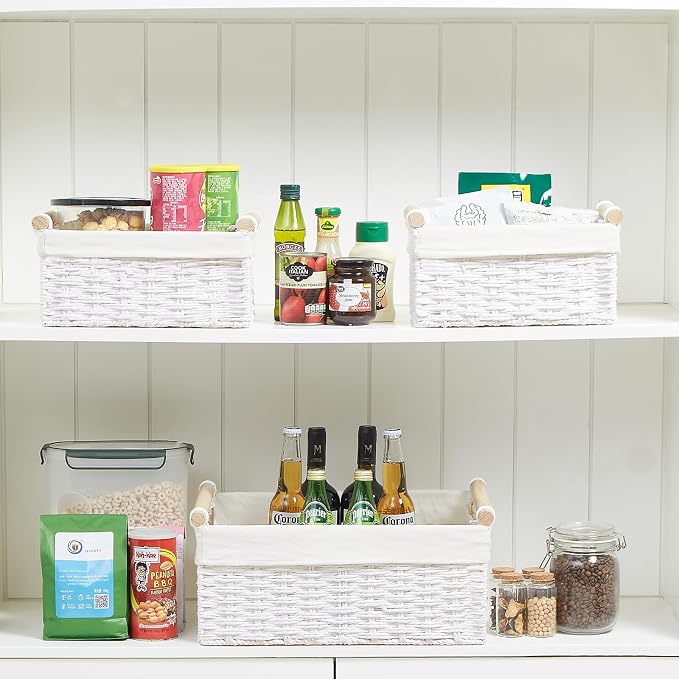 Wicker Storage Basket, Set of 3 Hand-woven Storage Baskets for Organizing, Large Cube Storage Organizer Baskets Bins with Handles for Shelves Decor, Small Toilet Paper Storage Basket, White - Image 8