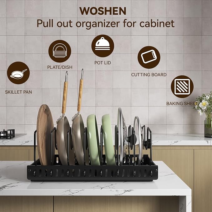 Black 2 Pack Pot Lid Organizer, Pull Out Cabinet Rack, 16 Dividers | 2-pack black carbon steel rack, 16 adjustable dividers, quiet slide rails, adhesive or screw mount for lids, pans, bakeware - Image 7