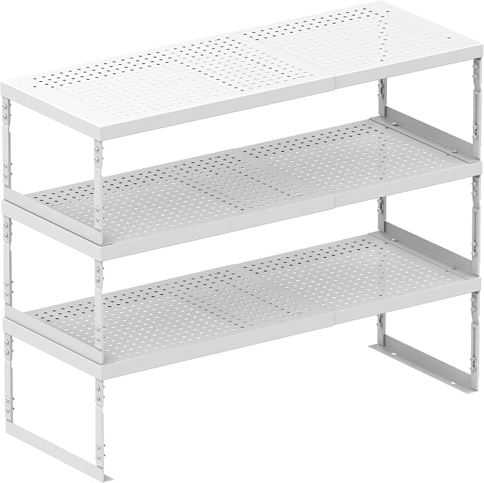 Stackable Expandable Metal Shelf Organizer - Adjustable Wire Storage Rack with Holes for Kitchen, Bathroom, Cabinet, Office - Space Saving, Durable & Sturdy Design(3PACKS/Medium/White - Image 7