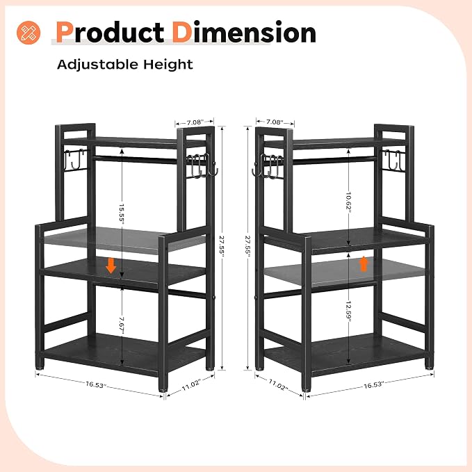 Kitchen Countertop Organizer, 3 Tier Large Spice Rack Organizer with Adjustable Shelf and 5 Hooks, Wooden Counter Organizer, Space Saving Countertop Shelf Microwave Stand for Kitchen,Coffee Bar,Black - Image 9