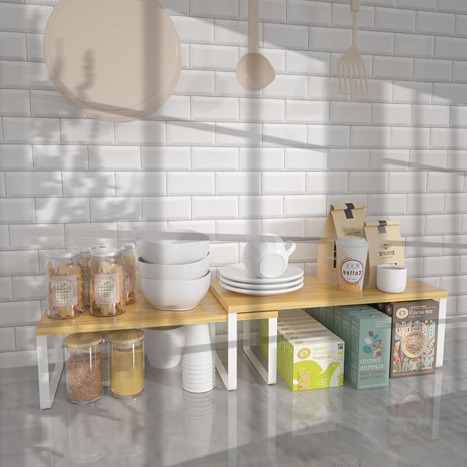 NEX Kitchen Cabinet and Counter Shelf Organizer, Stackable & Expandable, Set of 4, White and Natural - 7.7 x 15.6 x 6.2'' | Stackable Expandable Spice Rack, Space-Saving Pantry Organizers Bathroom Countertop Storage, White and Natural - Image 8
