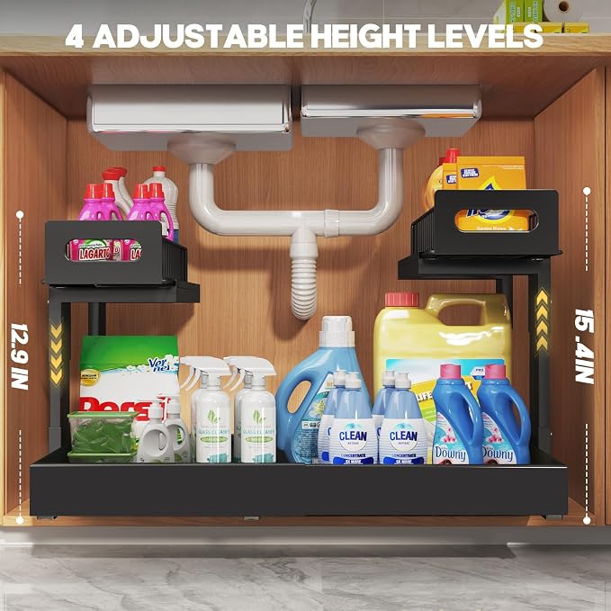 1 Pack Expandable Under Sink Organizers And Storage With Upgrade Ball-Bearing Slide Tracks,2-Tier Pull Out Under Cabinet Organizer Height Adjustable,Slide Out Under Sink Drawers-Black(Patent Pending) - Image 8