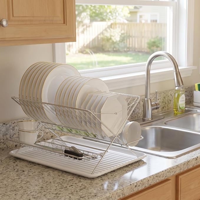Stainless Steel Foldable Dish Drying Rack, 3 Tier Large Capacity Collapsible Folding Dish Drainer with Drainboard for Kitchen Counter (Upgraded) - Image 9
