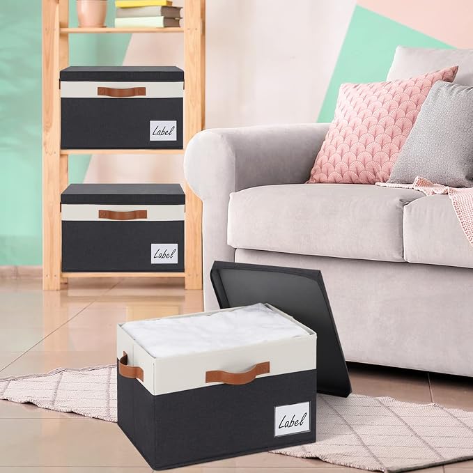 GhvyenntteS Large Storage Bins with Lids (3 Pack), Storage Baskets with Lid and Label Window, Foldable Fabric Storage Boxes with 3 Handles for Home Office College Dorms (Black, 15" x 11" x 9.7") - Image 7