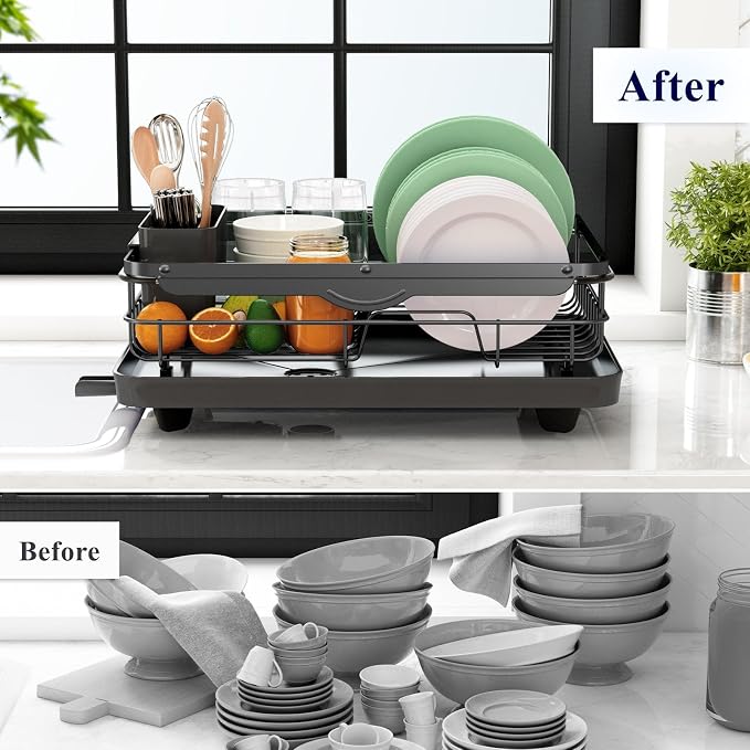 Kitsure Dish Drying Rack for Kitchen Counter, 12.2''W x 15.7''~23''L, Black | Stainless Steel Sink Organization, Cutlery Holder, Home and Appartment Decor - Image 8