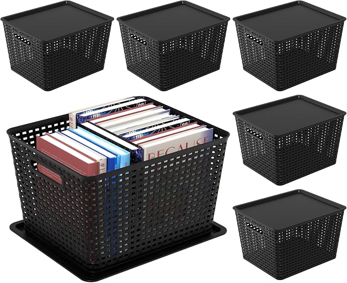 Ggbin 6-Pack Large Plastic Weave Basket with Lid, Black Storage Basket Bins - Image 7