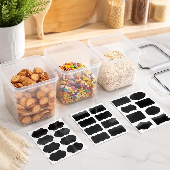 VINATO Set of 3 Airtight Containers 2.5L - BPA Free Food Jars with 24 Labels and 3 Measuring Cups - Clear, Stackable - for Cereal, Flour, Sugar, Coffee - Image 7