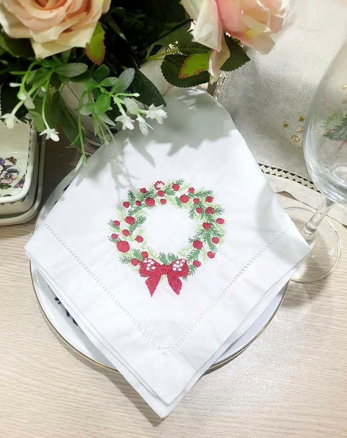Embroidered Cotton Napkins Christmas 20x20 (Wreath Red Berries Christmas) - Image 9