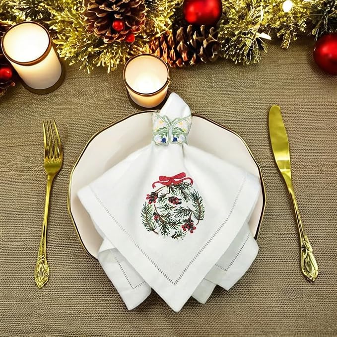Embroidered Cloth Napkin Pine Ornament Christmas Cotton Napkins Set of 6, 20x20 Hemstitch Table Napkins Machine Washable, Daily & Christmas, Great Present Ideas - Image 9