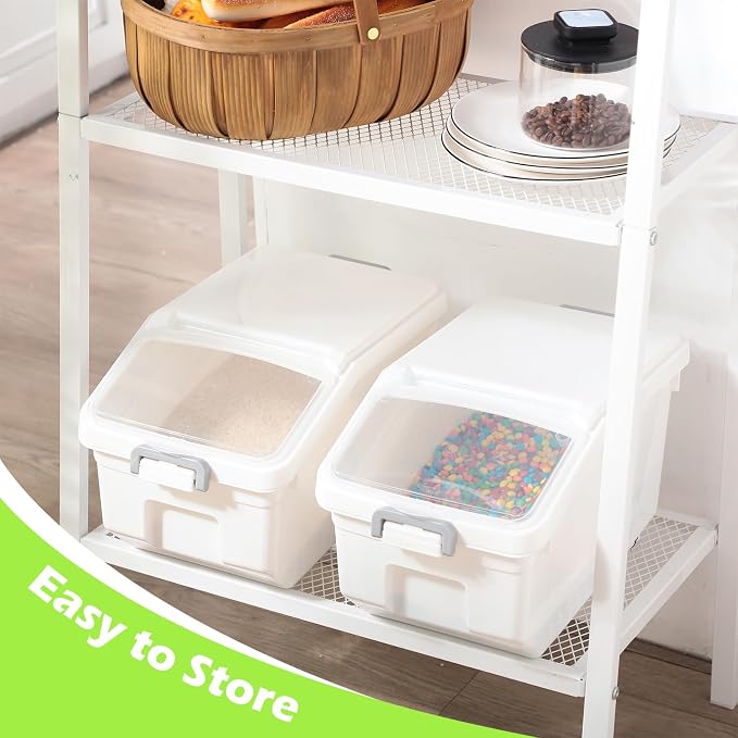 4 Pcs Rice Storage Containers Bulk Flour Sugar Container Wheels Measuring Cups Set Airtight Pet Dog Cat Birds Food Bin Grain Cereal Organizer Box for Dry Baking(White,22 lb) - Image 7