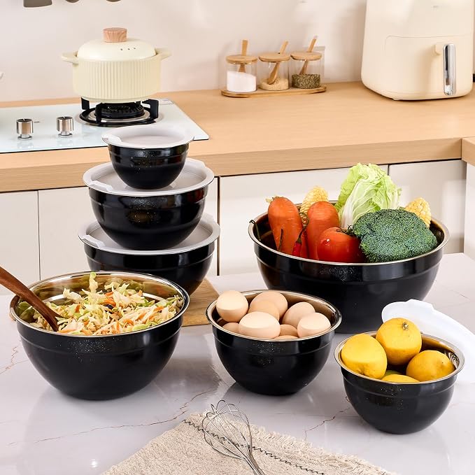 Black Mixing Bowls with Airtight Lids, Stainless Steel Nesting Mixing Bowls Set of 7, Ideal for Baking, Prepping and Serving Food, Size 7, 3.6, 2.7, 2.1, 1.5, 1.1,0.8 QT, Stackable Design - Image 9