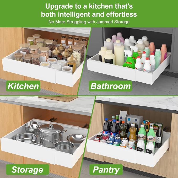 Expandable Pull Out Cabinet Organizer, 3 Full Extension Glides Slide Out Drawers, Roll Out Shelves Adhesive Raising Pad, Compatible Framed Cabinets (21" D x 12.2"-20.5" W(4Pack) White) - Image 7