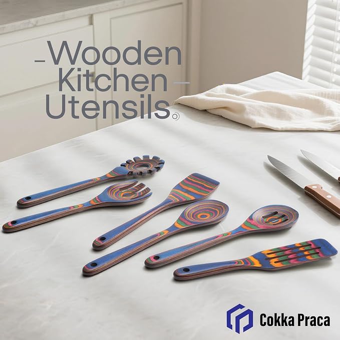 6-Piece Pakkawood Kitchen Utensils | Heat Resistant Wood Kitchen Utensils | Pakkawood Kitchen Cooking Utensil Set | Wooden Spoons for Cooking | Non-Sitck Cooking Spoons | Sapphire - Image 9