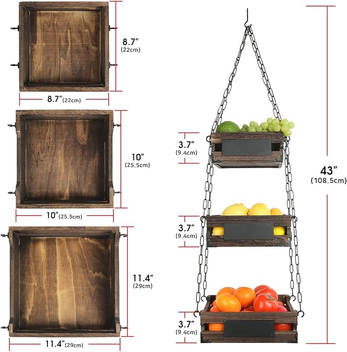 J JACKCUBE DESIGN 3-Tier Rustic Wood Hanging Fruit Basket, Kitchen Fruit, Vegetable Storage Organizer, Countertop Space Saver- Heavy Duty Metal Hooks- MK1008A - Image 7