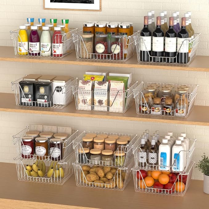 Slideep Large Stackable Storage Baskets Cabinet Organizer Sturdy Metal Wire Pantry Freezer Bin for Pantry Home Bathroom Kitchen Organization 3 Packs - Image 5