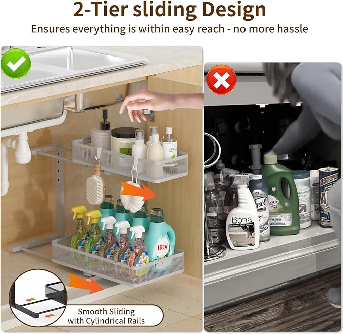 Under Sink Organizer 2 Pack, 2-Tier Slide Out Cabinet Organizer with Metal Sliding Drawer and Hooks, Pull Out Storage Baskets for Kitchen Bathroom Pantry Cabinet Organization (grey) - Image 8