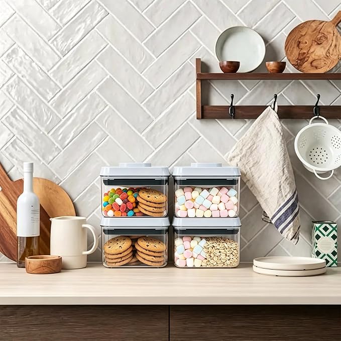 Pop Push Button Airtight Food Storage Containers 4 Pack (0.7Qt) | BPA-Free Stackable Square Canisters for Nuts, Candy, Spices, Pet Treats, Small Snacks - Image 6