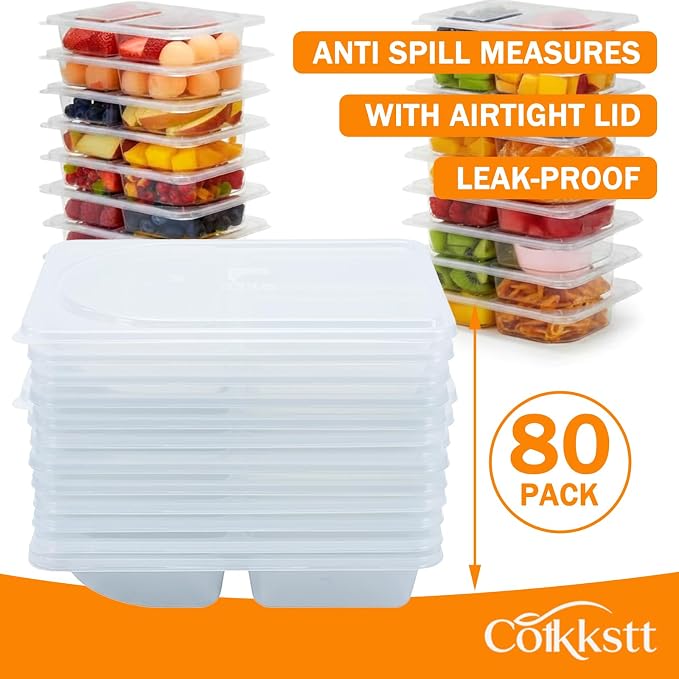 80Pack 9oz Reusable Snack Containers with Lids for Adult, 3 Compartment Plastic Condiment Containers, Small Snack Pack Containers, Meal Prep Container, Dipping Cups for Travel, Picnic - Image 8
