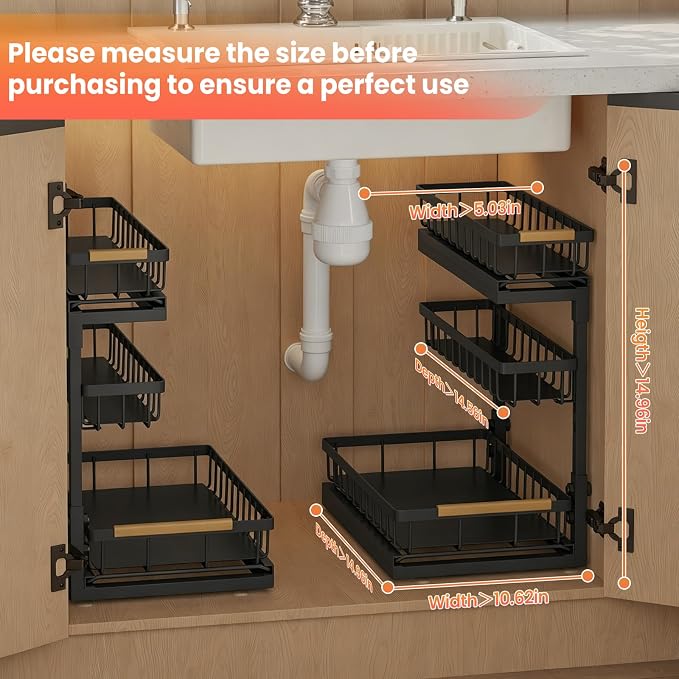 Under Sink Organizer and Storage for Bathroom and Kitchen - 2 Pack 3 Tier | Under Cabinet Pull Out Shelf Organizers - Slide Out Drawer Organization for Home Cabinets Shelves and Drawers - Image 8