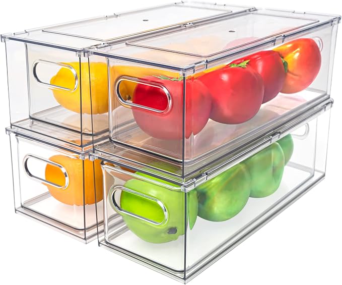 MANO Fridge Drawer Pull Out Stackable Bins with Handle Clear Refrigerator Drawers Organizer Food Storage Container Box Plastic Produce Saver for Pantry, Cabinet, Kitchen, Clothes(4Pack) - Image 7