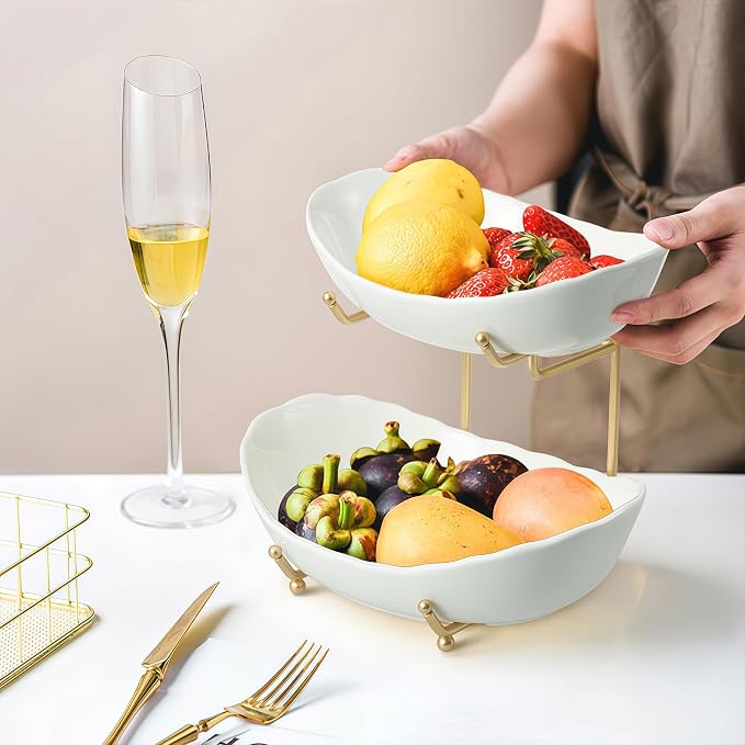 2 Tier Fruit Bowl, Ceramic Fruit Basket for Kitchen Counter | Fruit Holder for Kitchen, with Metal Stand, No Installation Required, Save Space, Easy to Clean, Modern, Gold&White, Small - Image 6
