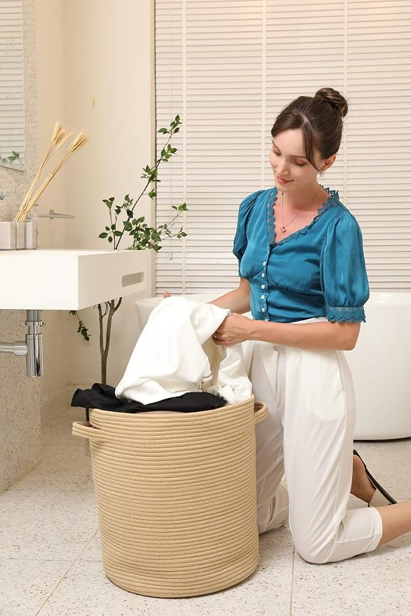 16x18 Inch Extra Large Round Cotton Rope Storage Basket with Lid, Decorative Woven Bin with Cover for Living Room Bedroom Closet, Beige - Image 9