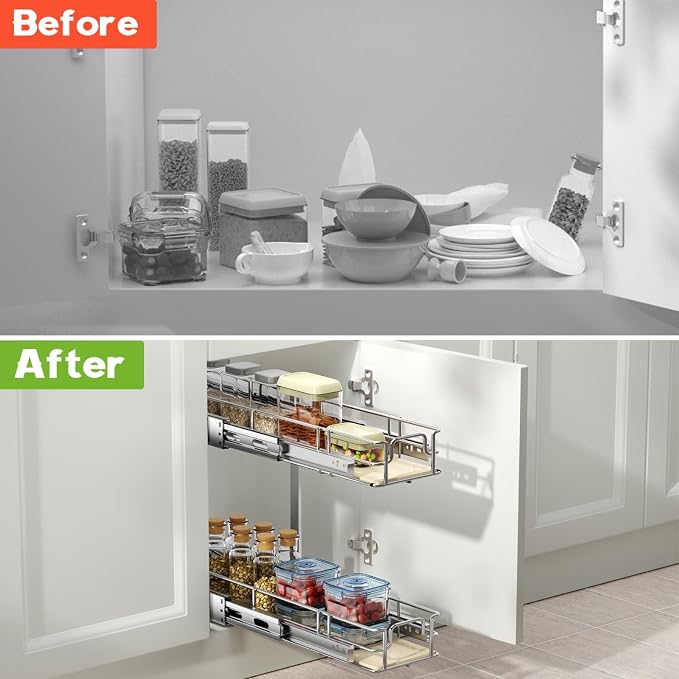 ROOMTEC 2 Tier Individual Pull Out Cabinet Organizer 7½"W x 21½"D, Slide Out Wood Shelves Organizers, Pull Out Drawers Organization and Storage for Kitchen Cabinet - Image 7