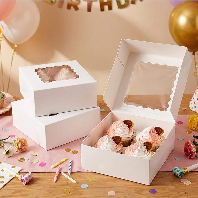 qiqee Auto-pop Up Cupcake Boxes with Window White 100PCS 4 Count Cupcake Box 6.3"x6.3"x3" Cupcakes Carrier, 4 Cupcake Containers - Image 8