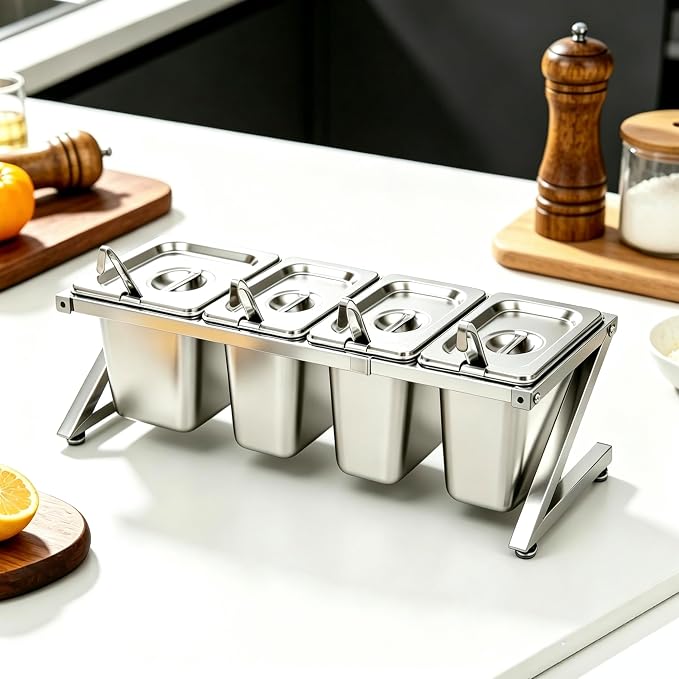 Telescoping Pizza Topping Station Container Food Prep Condiment Holder | Stainless Steel Container Set Spice Rack with 4 Pans & 4* Spoons & Lids, Food Truck Kitchen Buffet Pizza Oven Accessories - Image 9