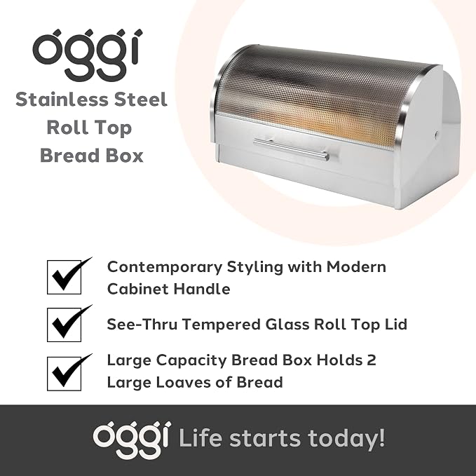 Oggi Stainless Steel Roll Top Bread Box for Kitchen Countertop with Tempered Glass Lid - Fits Multiple Large Loaves of Bread and Other Freshly Baked Goods Including Cookies, Bagels, Muffins - Image 7