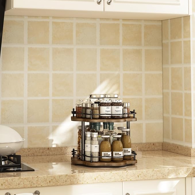 2 Tier Lazy Susan Organizer,2-Tier Spinning Spice Rack with Stable Carousel Base & 4 Height Settings for Cupboard Kitchen Countertop Dining Table Cupboard (Two-Ply(Petal Shape)) - Image 7