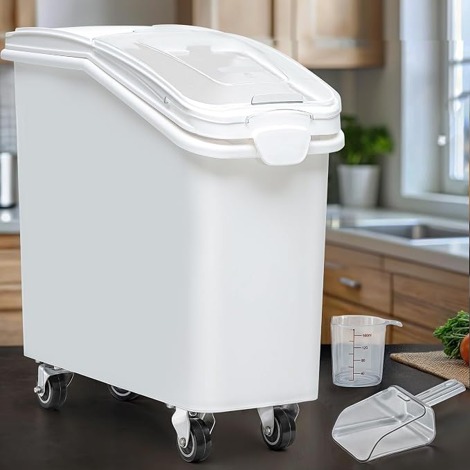 YITAHOME 21 Gallon Ingredient Bin, Commercial Food Container with 500 Cups, Large Flour Storage Container Bin with 360° Wheels, Scoop and Lid for Kitchen, White - Image 8