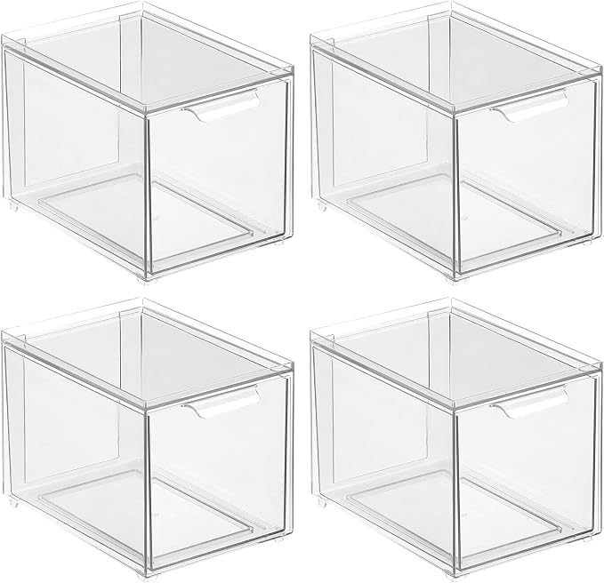 mDesign Shoe Storage Box with Drawer – Sturdy Plastic Storage Box for Shoes – Stackable Drawer Box for Shoes, Accessories and More – Pack of 4 – Clear - Image 9