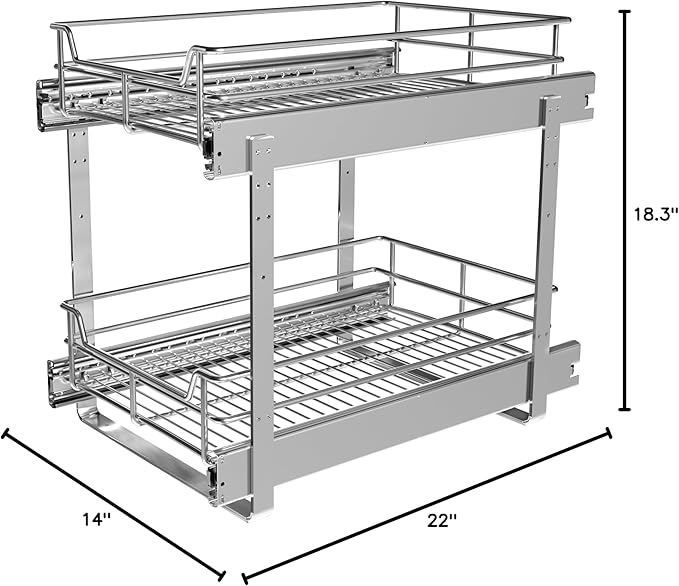2-Tier Cabinet Pull Out Shelves, 14" W x 22" D, Chrome | Heavy-Gauge Wire Kitchen Cabinet Organizer, 100 lbs Capacity, Ball-Bearing Glides, Min 15" Opening, For Tupperware & Bowls - Image 7