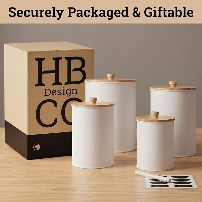 Kitchen Canisters for Countertop Set of 4 w/ Chalkboard Labels & Marker Pen | Airtight Easy Open Bamboo Lids, Dent-Resistant Thick Metal, Customizable Chalkboard Labels, Marker Pen Included, Set of 4 - Image 9