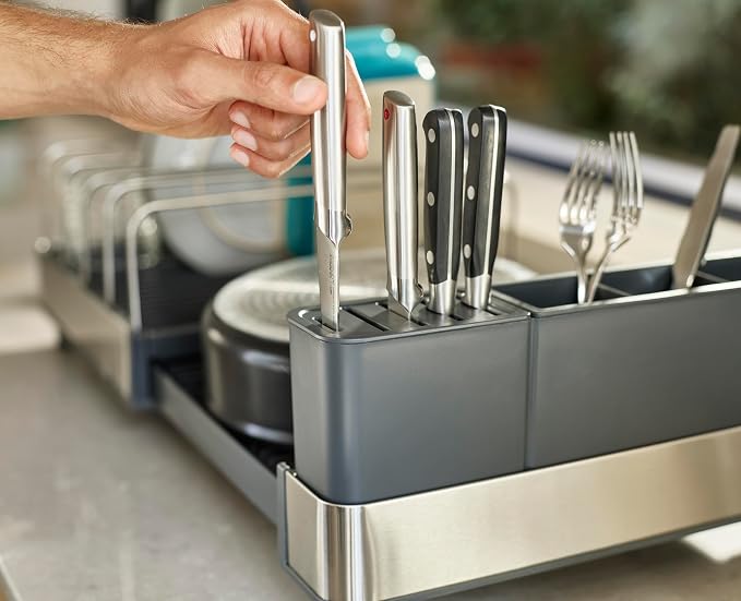 Joseph Joseph Extend Max Steel Expanding Dish Drying Rack, high Capacity for Large Items, Cutlery and Knife Holder, Swivel Draining Spout, Stainless Steel - Image 7