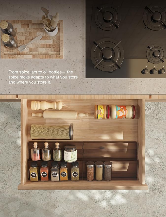 Tinamo Acacia Wooden Spice Rack Organizer for Cabinet - Spice Drawer Insert, Spice Organization for Cabinet, Seasoning Organizer, Spice Holder Pack of 4 (Walnut, Pack 4) | Acacia Wood Construction, No assembly, Stackable 4-tray Design, Spacious for up ... - Image 7