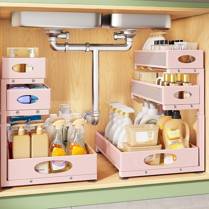 Kitstorack Under Sink Organizer 3-Tier Slide Out Drawer 2-Pack Pink | Height Adjustable, Metal Mesh Storage Rack, Pull out Cabinet Organizer Shelf for Bathroom Kitchen Pantry Home Organization by Kitstorack