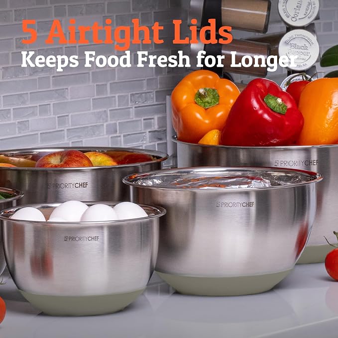 Premium Mixing Bowls With Lids Set, Airtight Lids, Thicker Stainless Steel, Non-Slip Base, 5 Nesting Steel Bowls for Kitchen, Large Prep Metal Bowl Set 1.5/2/3/4/5 Qt, Khaki - Image 8