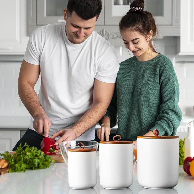 JOJUNO White Ceramic Food Storage Canister Set (30 oz, 48 oz, 82 oz) with Bamboo Lids, 3-Piece Airtight Jars for Flour, Sugar, Coffee, Tea, Oats, Spice – Kitchen Storage Containers with Lids - Image 8