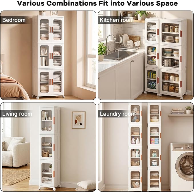 3-Tier Tall Narrow Plastic Storage Cabinet, Foldable | Rolling Organizer with Lid,Doors,Stackable, Adjustable Shelves, Durable PP,Freestanding Bathroom Cabinet for Small Slim Space - Image 9