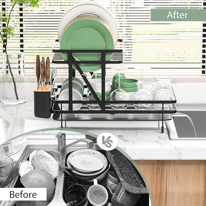 GOFLAME Dish Drying Rack with Drainboard, Collapsible 2-Tier Dish Rack and Drainboard Set with Removable Drip Tray, 360° Swivel Spout, Utensil Holder, Large Capacity Dish Drainer for Kitchen Counter - Image 9