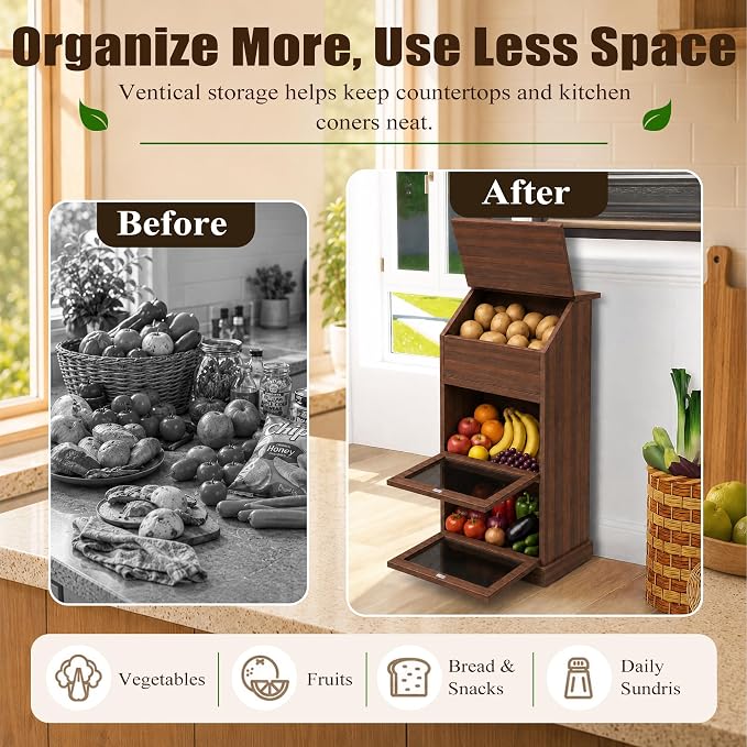 Potato and Onion Storage Bin with Lid, 3-Tier Vegetable Storage, Wooden Rustic Bread Box Cabinet for Fruit and Vegetable, Food Storage Containers Cabinet for Kitchen Pantry(Walnut) - Image 6